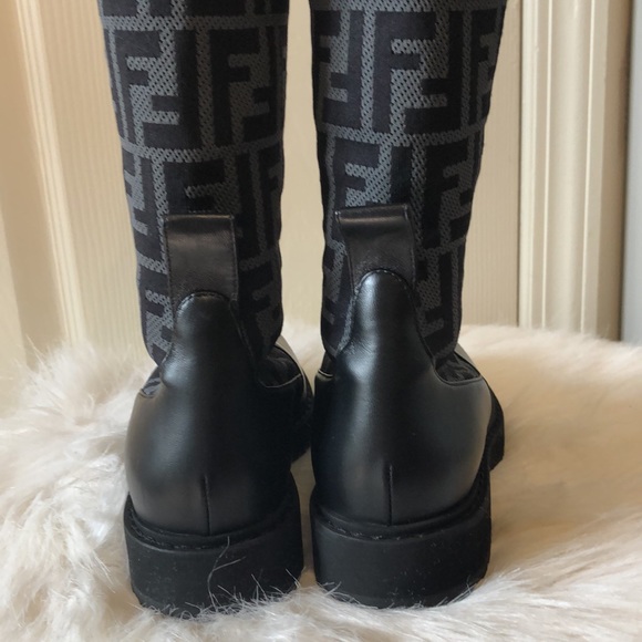 💯Authentic FENDI Zucca Knee-High Knit Leather Combat Boots 36 Gray Grey - Picture 6 of 9
